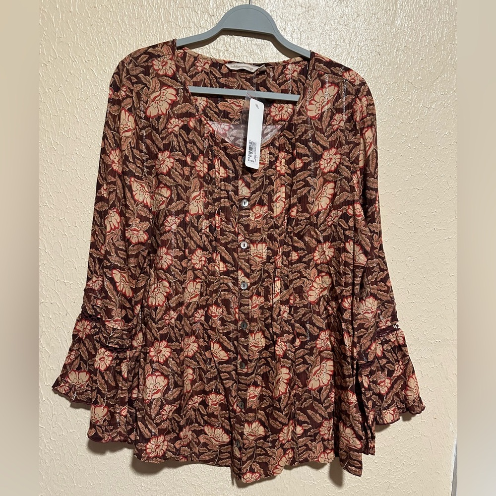 Soft Surroundings Floral Tunic Top Boho Size Medium Flute Sleeves